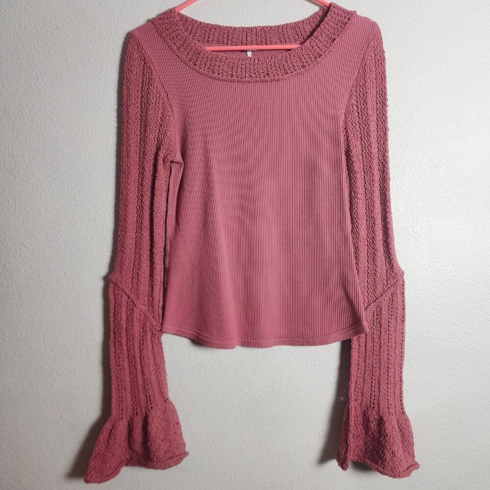 Free People Shirt Womens Large Pink Crochet Bell Sleeve Boho Knit Top